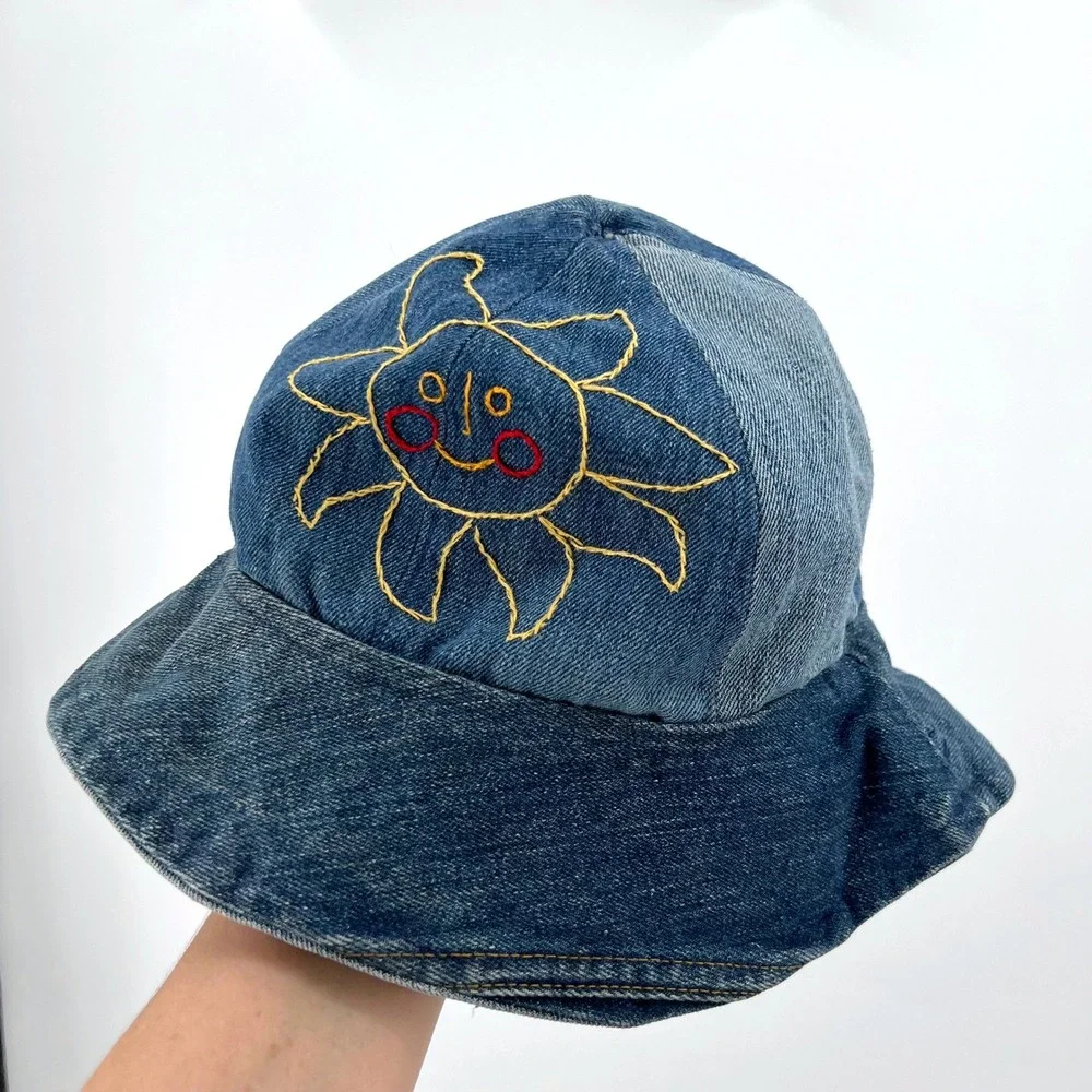 Hippie 70s Boho Vintage Retro Handmade Blue Denim Bucket Hat Embroidered Sun